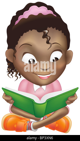 Illustration of a young sweet black girl child happily reading a book Stock Photo