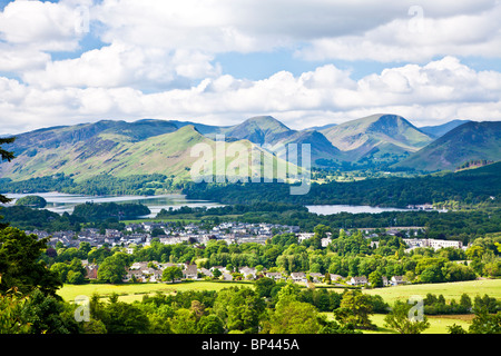 View over Keswick, Derwent Water and Cat Bells, Lake District, Cumbria, England, UK Stock Photo