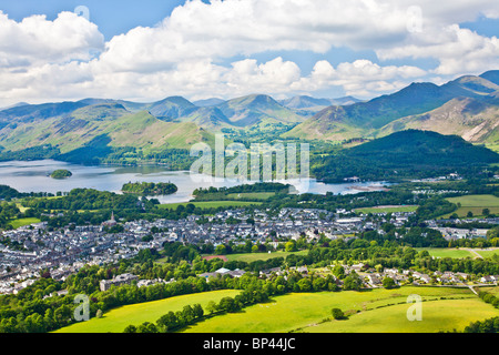 View from Latrigg over Keswick, Derwent Water and Cat Bells, Lake District, Cumbria, England, UK Stock Photo