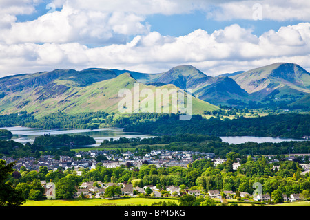 View over Keswick, Derwent Water and Cat Bells, Lake District, Cumbria, England, UK Stock Photo