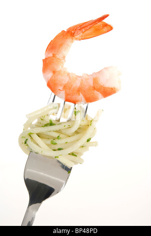 The Red Shrimps on the fork w spaghetti Stock Photo