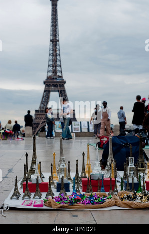 Paris, France, Large Crowd People, Tourists Visiting Eiffel Tower, Illegal Trade, Souvenirs for Sale, on Display on Trocadero Plaza Stock Photo