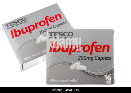 Two 16 pack boxes of Tesco 200mg Ibuprofen caplets Stock Photo