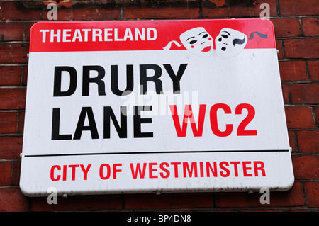 Drury Lane theatreland street sign, London, England, UK