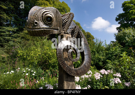 A sculpture of a Chameleon, made from old recycled saw blades and chains Stock Photo