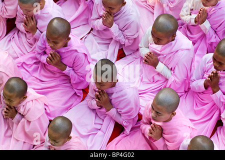 Nuns at prayer in the Sanhaing Hills convent near Amarapura, Mandalay, Myanmar in Southeast Asia Stock Photo