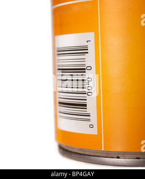 Tin can with bar code isolated against  white background Stock Photo