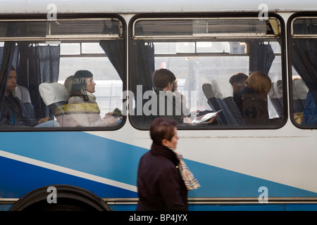 People on the bus at Marszalkowska street, Warsaw Poland. Stock Photo