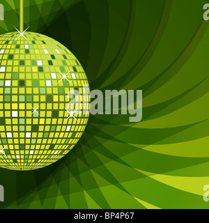 Disco ball in green with sparkles set on an elegant green abstract background. Stock Photo