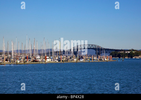 Auckland Harbour Bridge from Bayswater Marina, North Island, New Zealand. Stock Photo