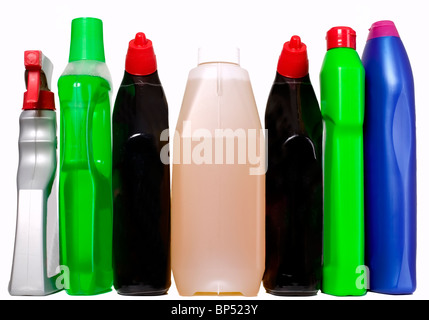 There are plastic bottles of various cleaning supplies Stock Photo