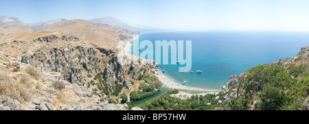 Panorama of Preveli beach, river and the Cretan Sea, Crete Greece Stock Photo