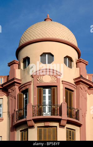 Corner Block, Art Nouveau Window, Tower, Turret & Dome of an Art Nouveau Apartment Building by Architect Enrique Nieto, Melilla, Spain Stock Photo