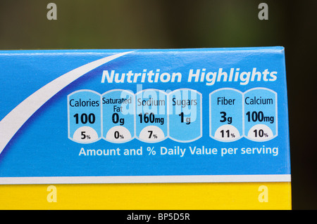 Nutrition information on food package Stock Photo