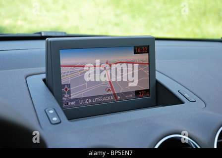 Sat nav, Car Satellite Navigation System, color folded LCD display, GPS (Peugeot 308 SW - French compact station wagon) Stock Photo