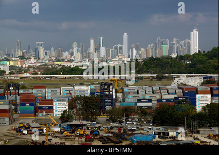 aerial view above containers Balboa Port to Panama City skyline Republic of Panama Stock Photo