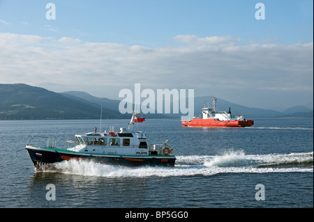 Clyde Port pilots ship Toward outside Gourock on the Firth of Clyde with Western Ferries car ferry Sound of Scarba behind Stock Photo