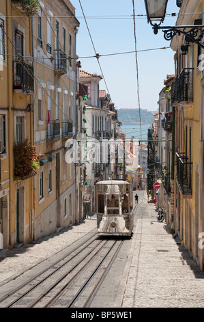 Portugal, Lisbon, the elevador da bica in the Bairro Alto, with the new mirrored tramcars Stock Photo