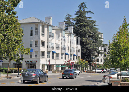 Restaurants in Castro Street, Mountain View, Silicon Valley, California on a summer morning