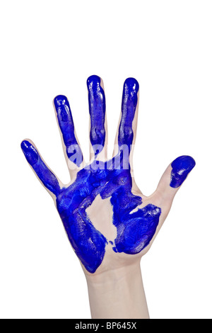 Blue painted handprint on white wall. Human hand, palm, fingers ...
