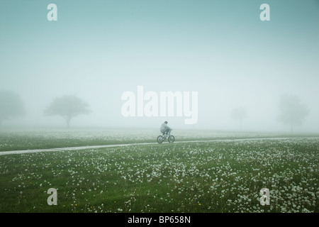 Boy riding bicycle through a foggy field Stock Photo