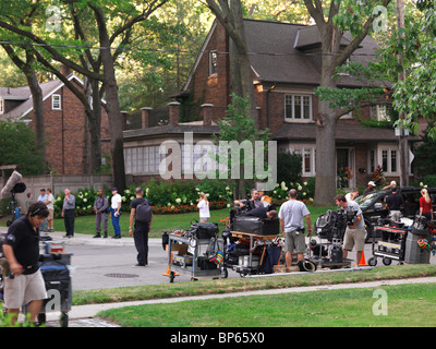 Film crew setting up equipment for The CW Television Network new Nikita series with Maggie Q in Toronto, Ontario, Canada 2010. Stock Photo
