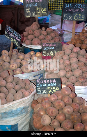 Many varieties of Andean potatoes for sale in the market in Arequipa, Peru. Stock Photo