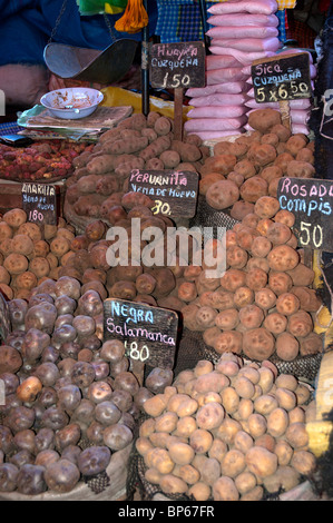 Many varieties of Andean potatoes for sale in the market in Arequipa, Peru. Stock Photo