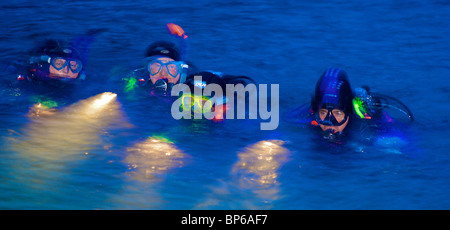Scuba divers surfacing from a night dive in Wast Water,Cumbria,England Stock Photo