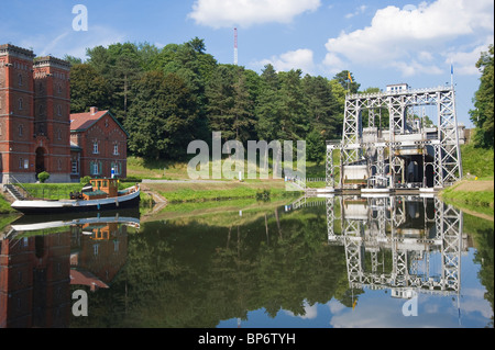 Canal du Centre, Boat anchored in front of the boat Lift number 3, Bracquegnies, Hainaut Province, Belgium Stock Photo