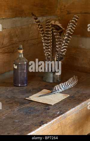 Antique Quill Pen On Paper With Ink Well & Holder Stock Photo