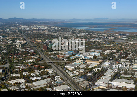 aerial view above Bayshore Freeway highway 101 San Jose Silicon Valley California