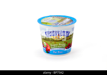 Single unopened container of Stonyfield Non-Fat  organic Yogurt on white background. Stock Photo
