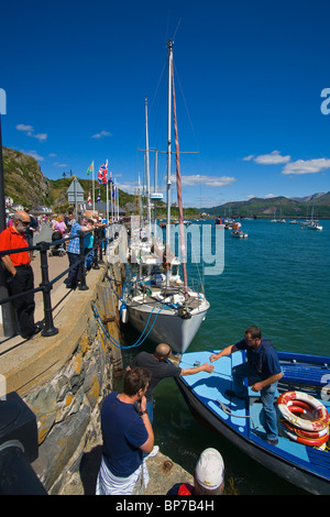 Barmouth, harbour, dolphin statues, boats, North Wales, UK Stock Photo