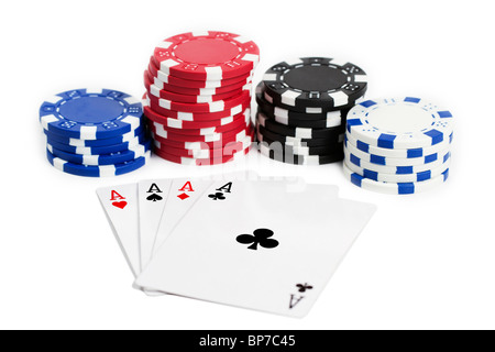 four aces and chips on white background Stock Photo