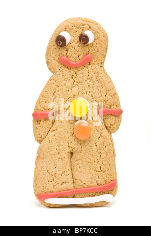 Gingerbread Man from low perspective isolated against white background. Stock Photo