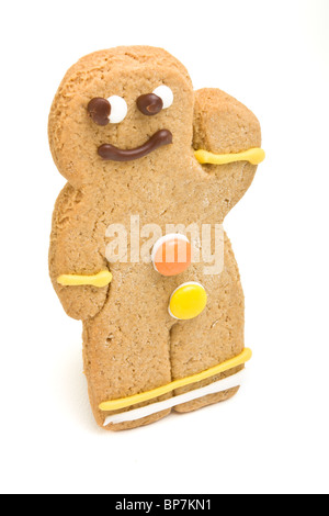 Gingerbread Man from low perspective isolated against white background. Stock Photo