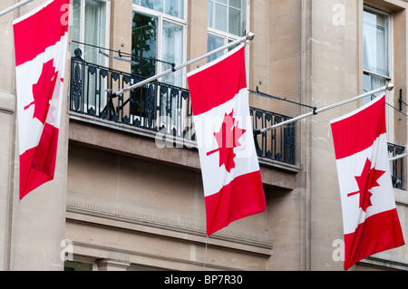 The Canadian national flag flying from Canada House on Trafalgar Square, London Stock Photo