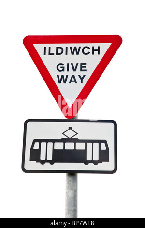 Bilingual 'Give Way' sign at tram crossing, Great Orme, Llandudno, North Wales Stock Photo