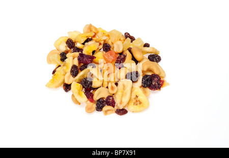 Handful of trail mix snack  isolated on white background cutout. Stock Photo