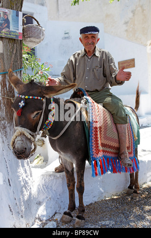 portrait of an elderly man on his donkey, mountain village Pirgos, Santorini Island, Cyclades, Aegean Islands, Greece Stock Photo