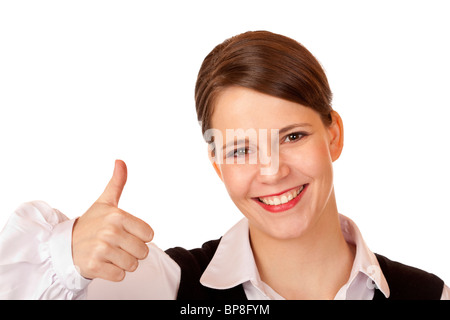 Cheerful business woman smiles and shows thumb up. Isolated on white background. Stock Photo
