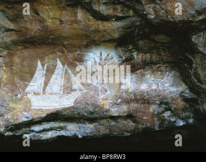 Aborigine Cave Paintings on a Stone Wall in Australia Stock Photo