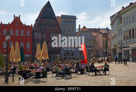 Markt (market place) with old houses and open air cafés in Minden, Strasse der Weserrenaissance, North Rhine-Westphalia, Germany Stock Photo