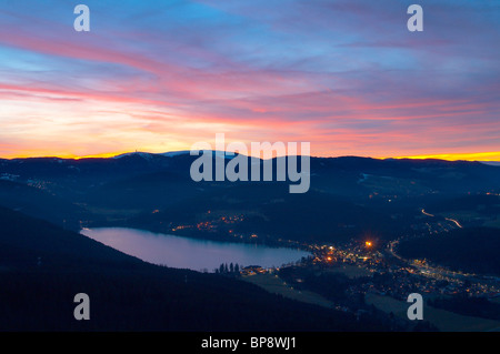 Winter, View from the Hochfirst to the Titisee (lake) and the mountain Feldberg at sunset, Black Forest, Baden-Wuerttemberg, Ger Stock Photo