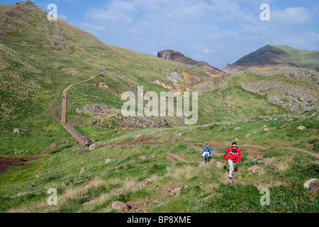 Hikers on a hike to Ponta de Sao Laurenco, Near Canical, Madeira, Portugal Stock Photo