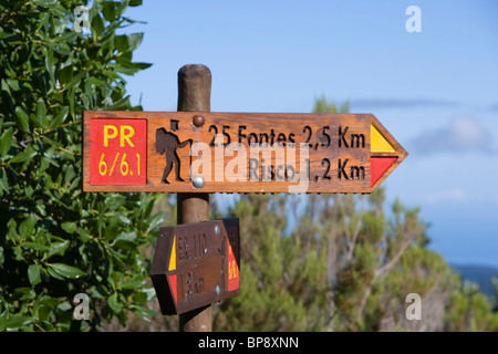 Sign showing the Levada Walk to the 25 Fontes and Risco waterfalls, Near Rabacaul, Madeira, Portugal Stock Photo