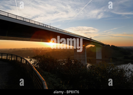 Sunset Over Bridge and Kiel Canal, Germany Stock Photo