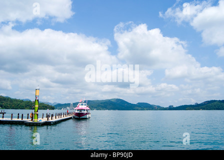 boats anchor on the lake, Sun-moon lake, Taiwan, Asia. Stock Photo