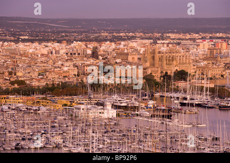 View of the harbour at dusk from Castell de Bellver, Palma, Mallorca, Balearic Islands, Spain, Europe Stock Photo